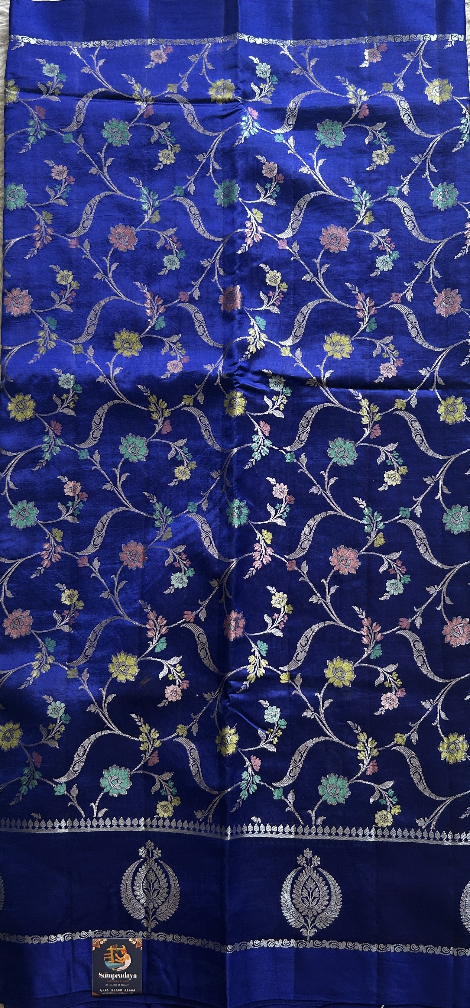 Chiniya Silk Saree Royal Blue Colored Elegantly Paired with a Gap Border - Sampradaya Designer Studio