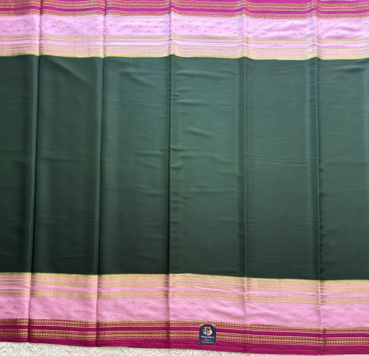Bottle Green Mysore Crepe Silk Saree with Silver Zari Border | Pure Handloom | Silk Mark Certified - Sampradaya Designer Studio