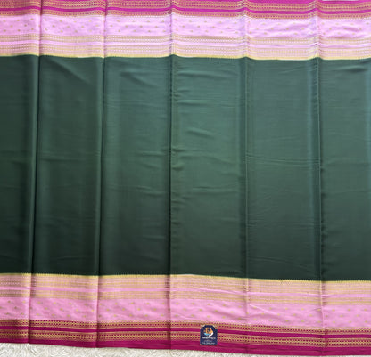 Bottle Green Mysore Crepe Silk Saree with Silver Zari Border | Pure Handloom | Silk Mark Certified - Sampradaya Designer Studio