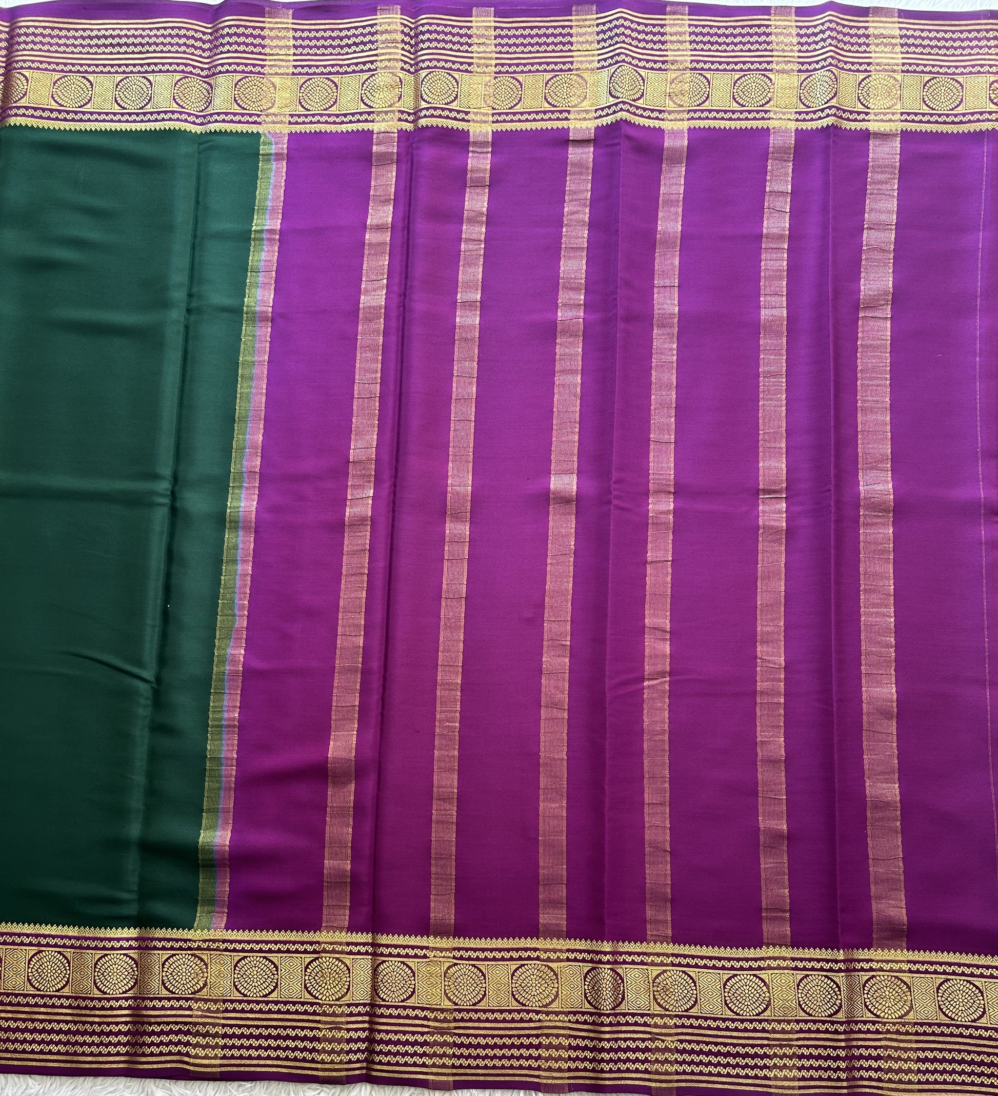 Bottle Green Mysore Crepe Silk Saree with Silver Zari Border | Pure Handloom | Silk Mark Certified - Sampradaya Designer Studio