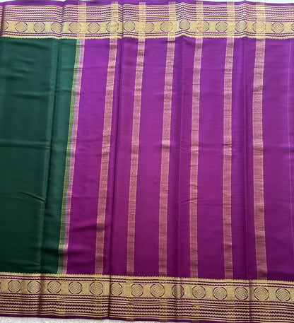 Bottle Green Mysore Crepe Silk Saree with Silver Zari Border | Pure Handloom | Silk Mark Certified