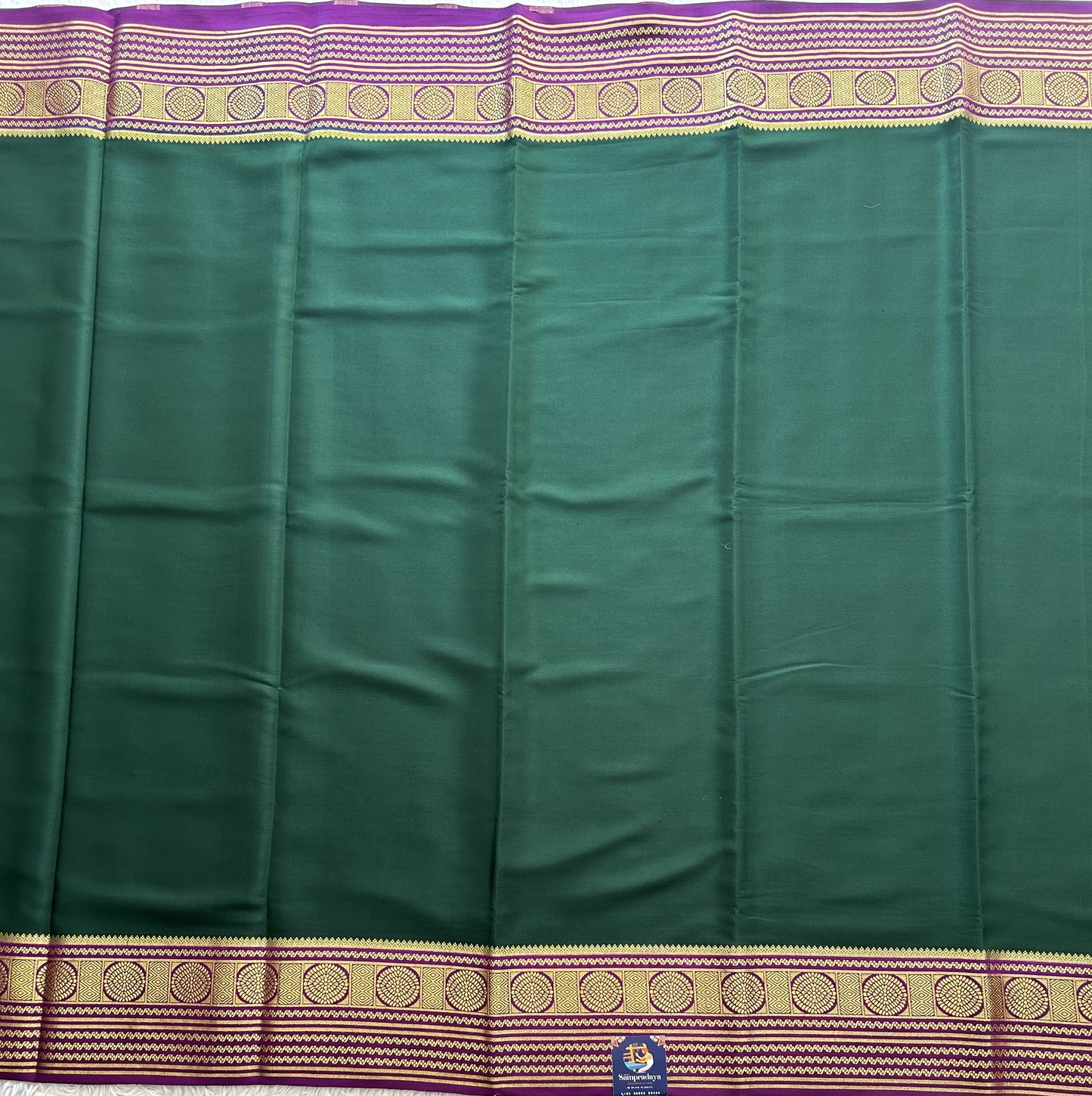 Bottle Green Mysore Crepe Silk Saree with Silver Zari Border | Pure Handloom | Silk Mark Certified