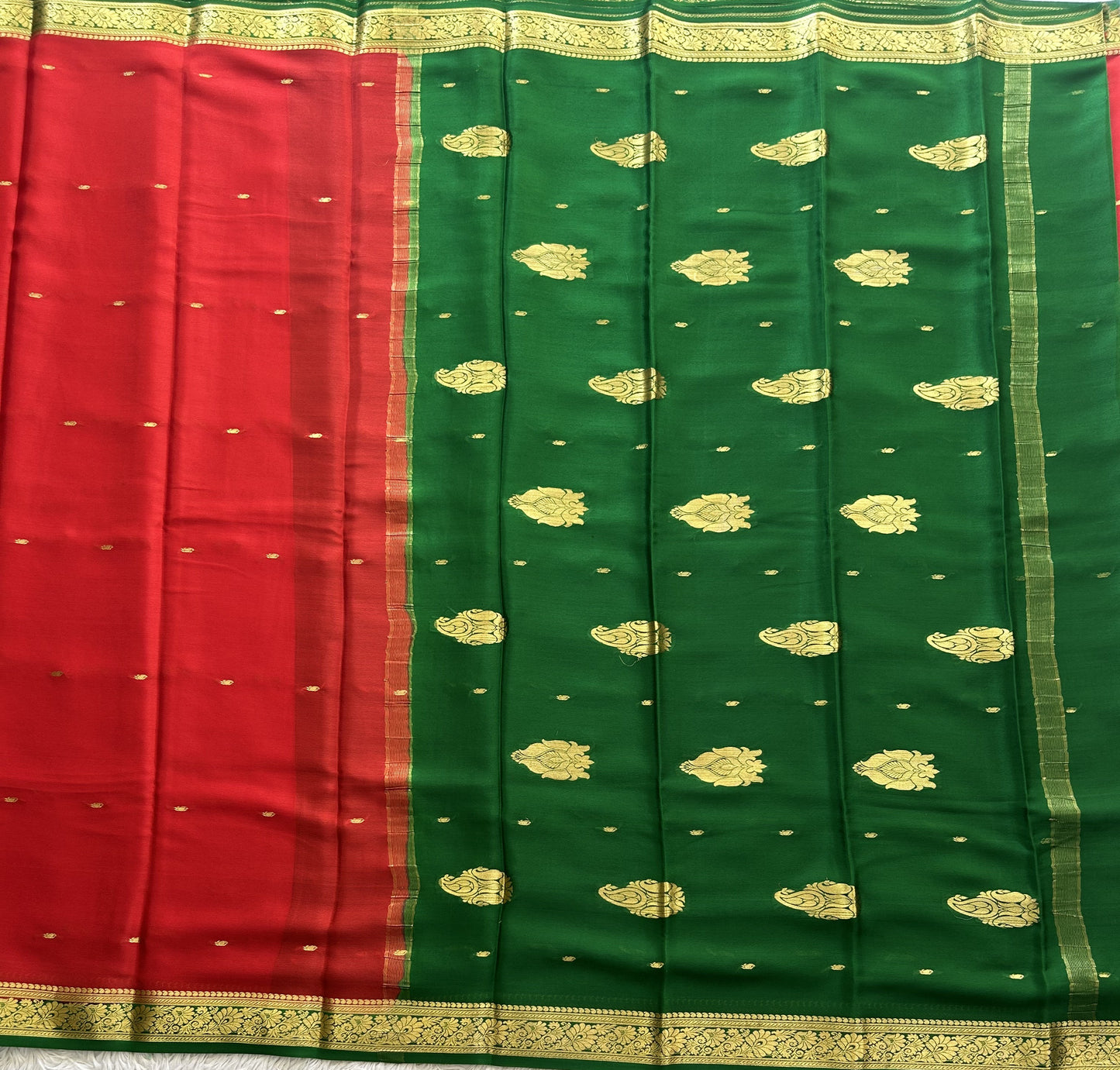 Red Mysore Crepe Silk Saree with Silver Zari Border | Pure Handloom | Silk Mark Certified - Sampradaya Designer Studio