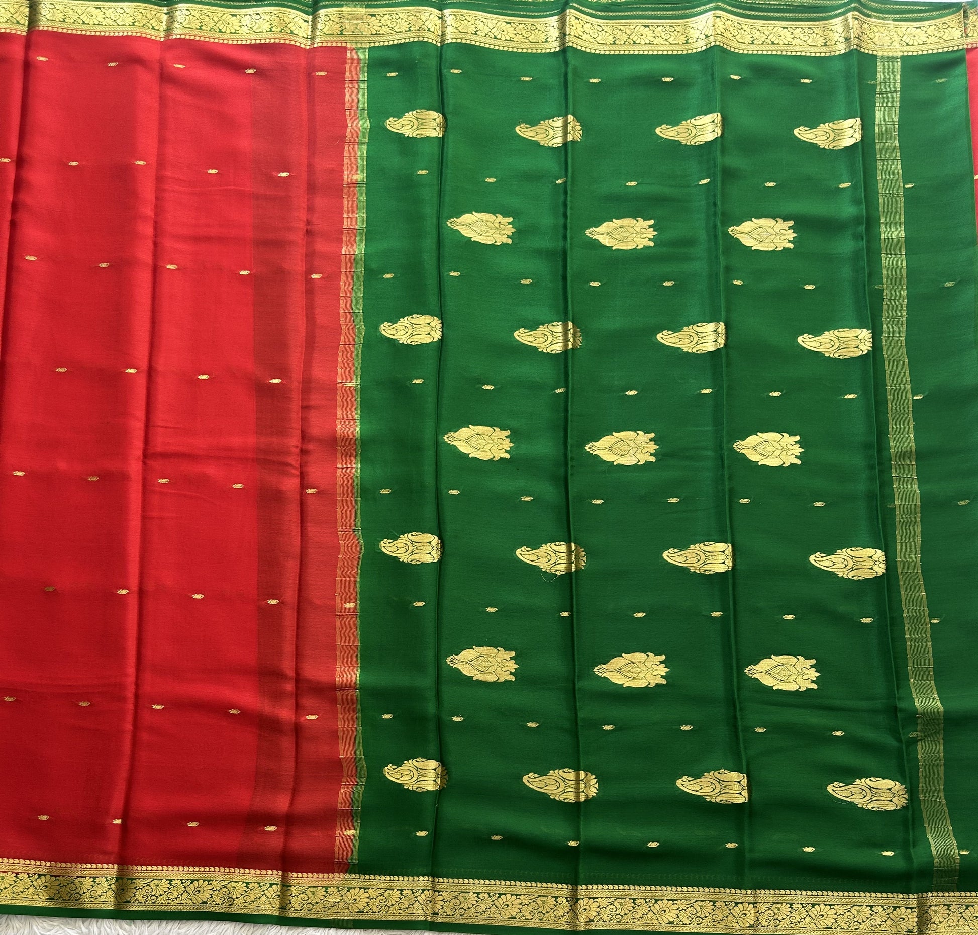 Red Mysore Crepe Silk Saree with Silver Zari Border | Pure Handloom | Silk Mark Certified - Sampradaya Designer Studio