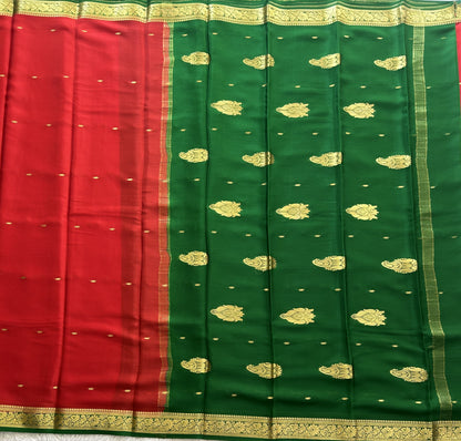 Red Mysore Crepe Silk Saree with Silver Zari Border | Pure Handloom | Silk Mark Certified - Sampradaya Designer Studio