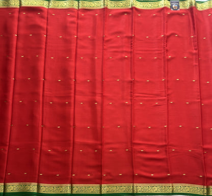 Red Mysore Crepe Silk Saree with Silver Zari Border | Pure Handloom | Silk Mark Certified - Sampradaya Designer Studio