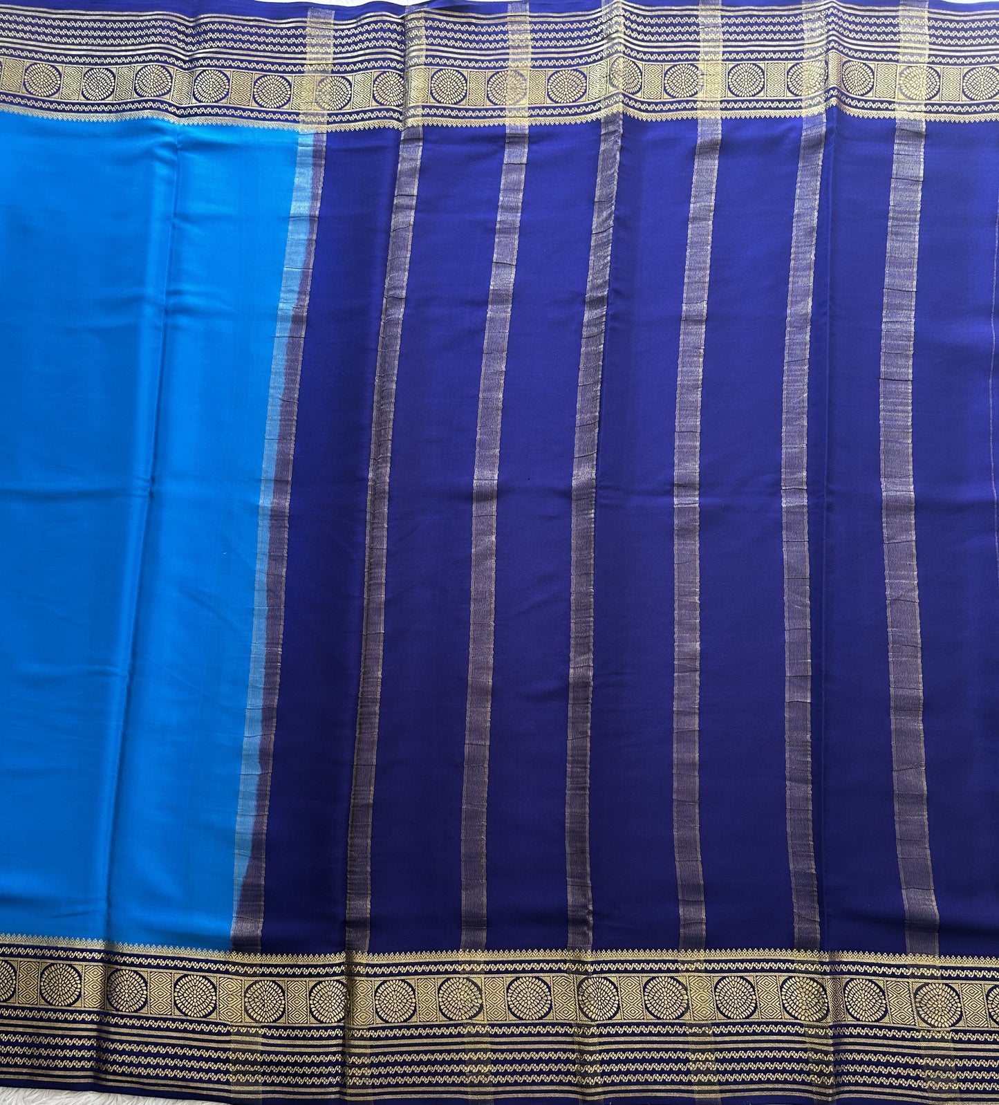 Blue Mysore Crepe Silk Saree with Silver Zari Border | Pure Handloom | Silk Mark Certified - Sampradaya Designer Studio