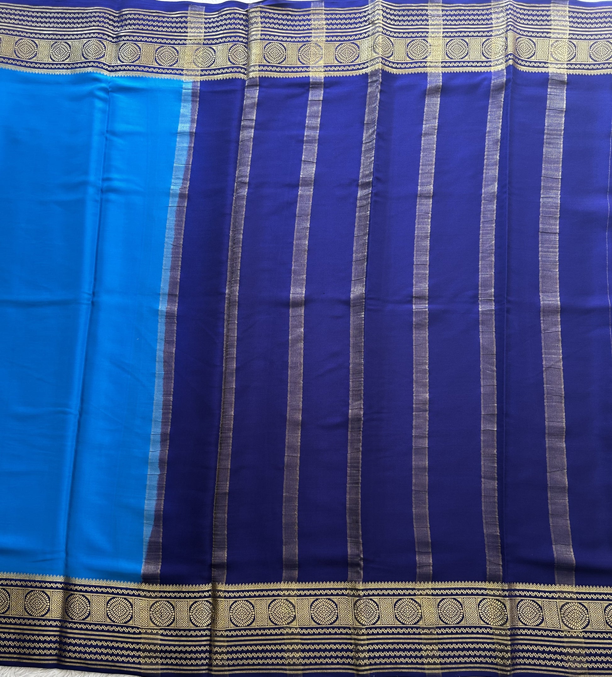 Blue Mysore Crepe Silk Saree with Silver Zari Border | Pure Handloom | Silk Mark Certified - Sampradaya Designer Studio