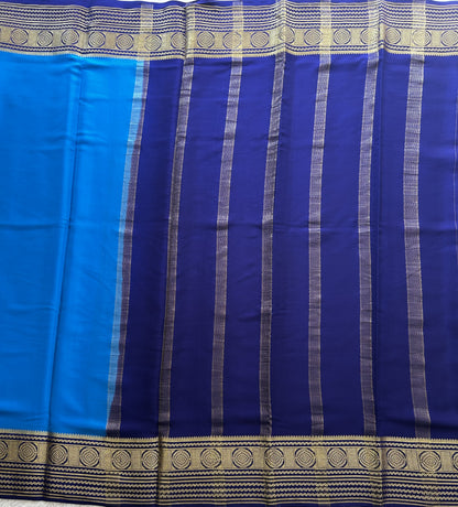 Blue Mysore Crepe Silk Saree with Silver Zari Border | Pure Handloom | Silk Mark Certified - Sampradaya Designer Studio