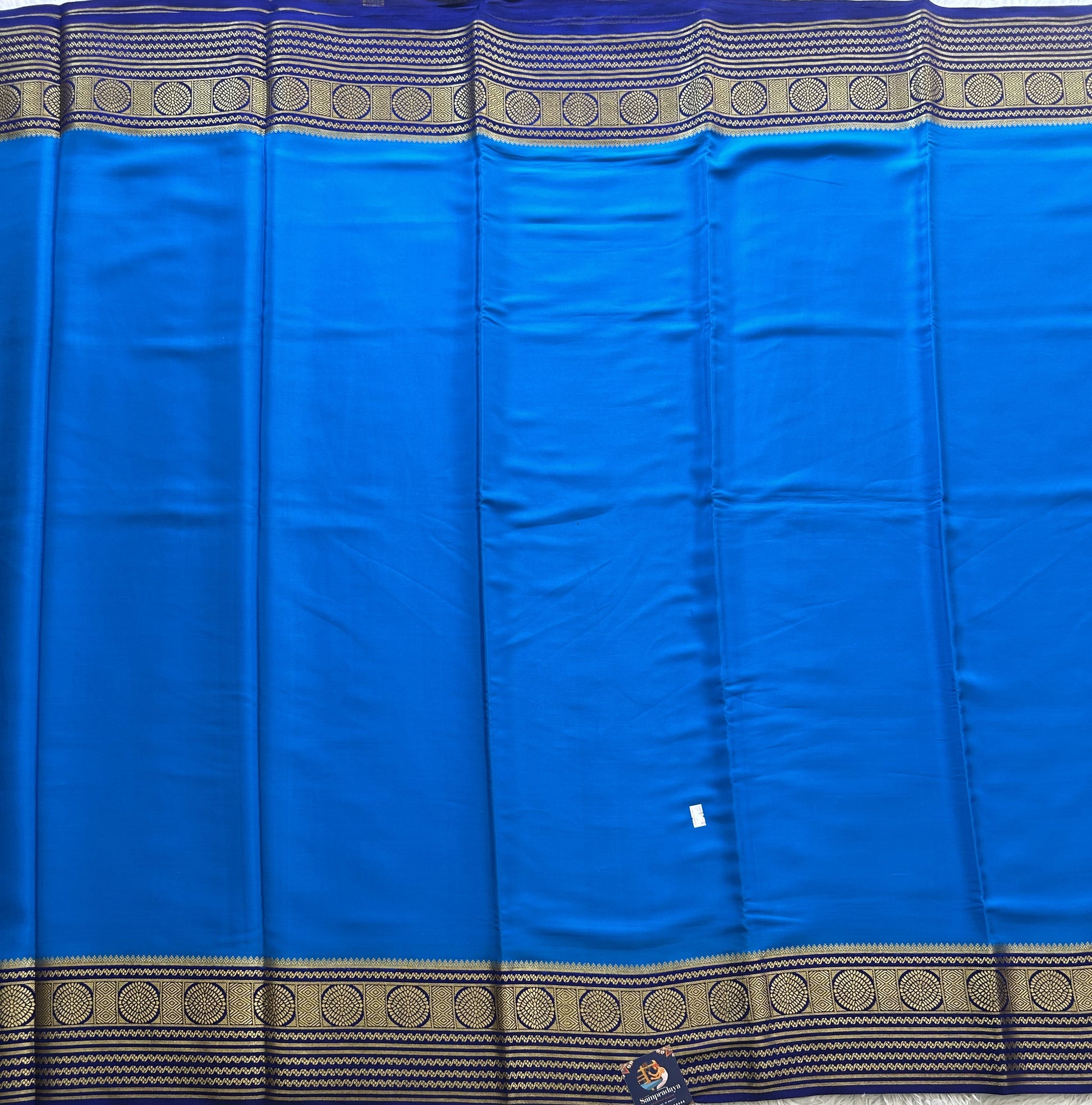 Blue Mysore Crepe Silk Saree with Silver Zari Border | Pure Handloom | Silk Mark Certified - Sampradaya Designer Studio