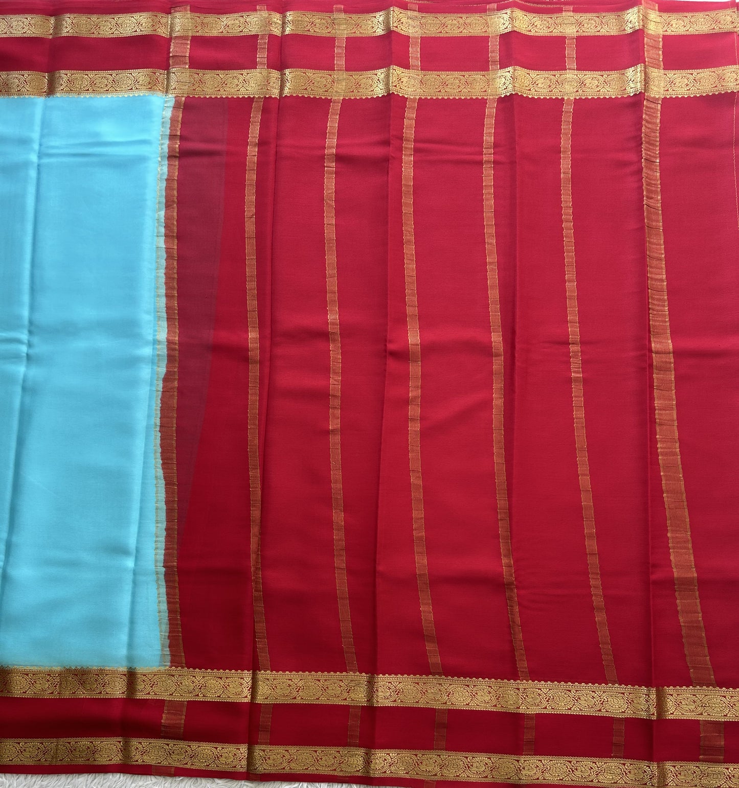 Sky Blue Mysore Crepe Silk Saree with Silver Zari Border | Pure Handloom | Silk Mark Certified - Sampradaya Designer Studio