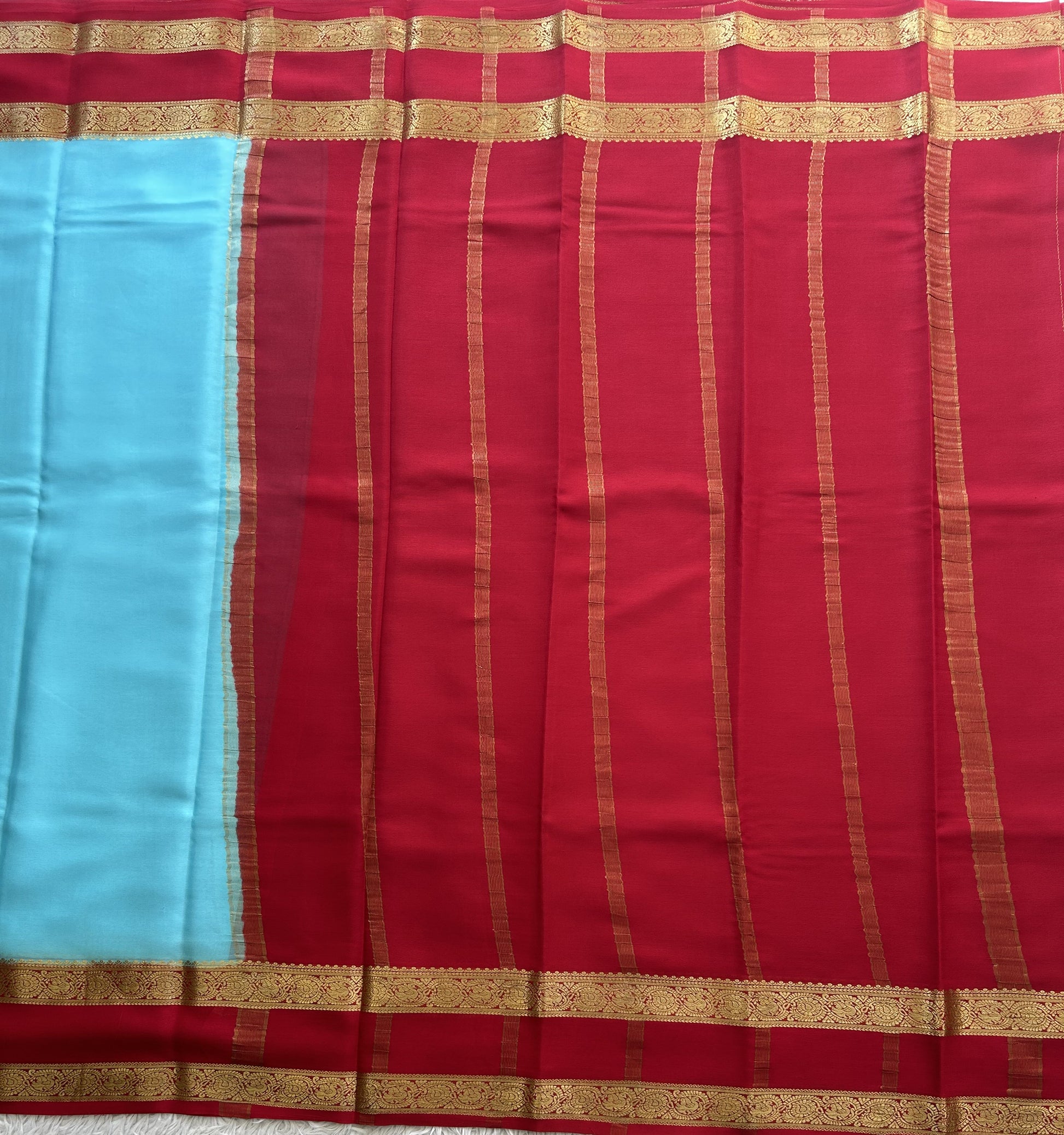 Sky Blue Mysore Crepe Silk Saree with Silver Zari Border | Pure Handloom | Silk Mark Certified - Sampradaya Designer Studio