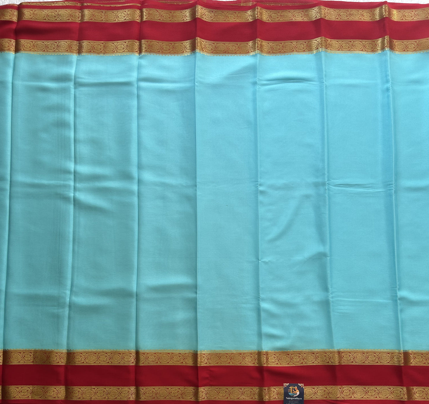 Sky Blue Mysore Crepe Silk Saree with Silver Zari Border | Pure Handloom | Silk Mark Certified - Sampradaya Designer Studio