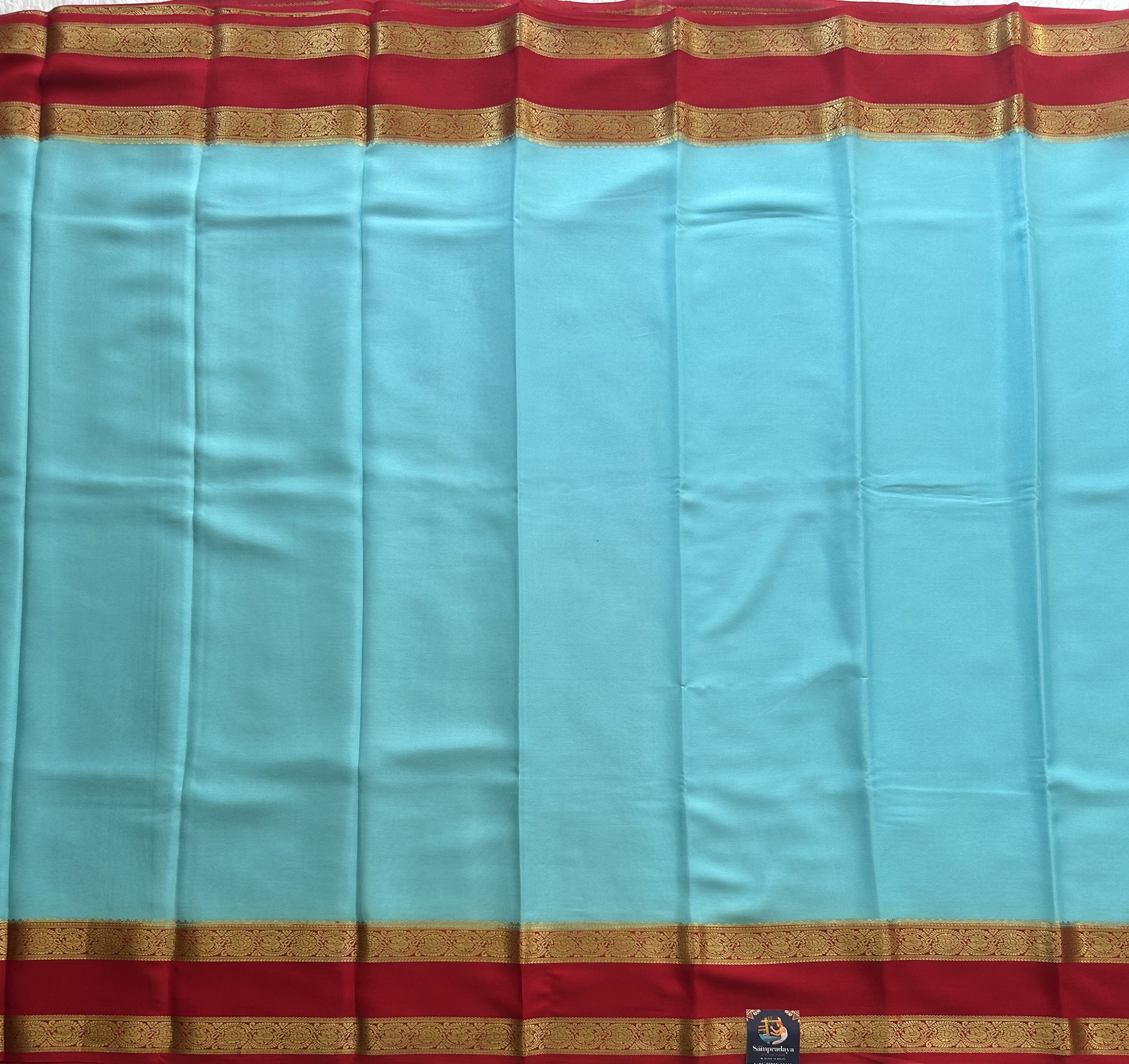 Sky Blue Mysore Crepe Silk Saree with Silver Zari Border | Pure Handloom | Silk Mark Certified - Sampradaya Designer Studio