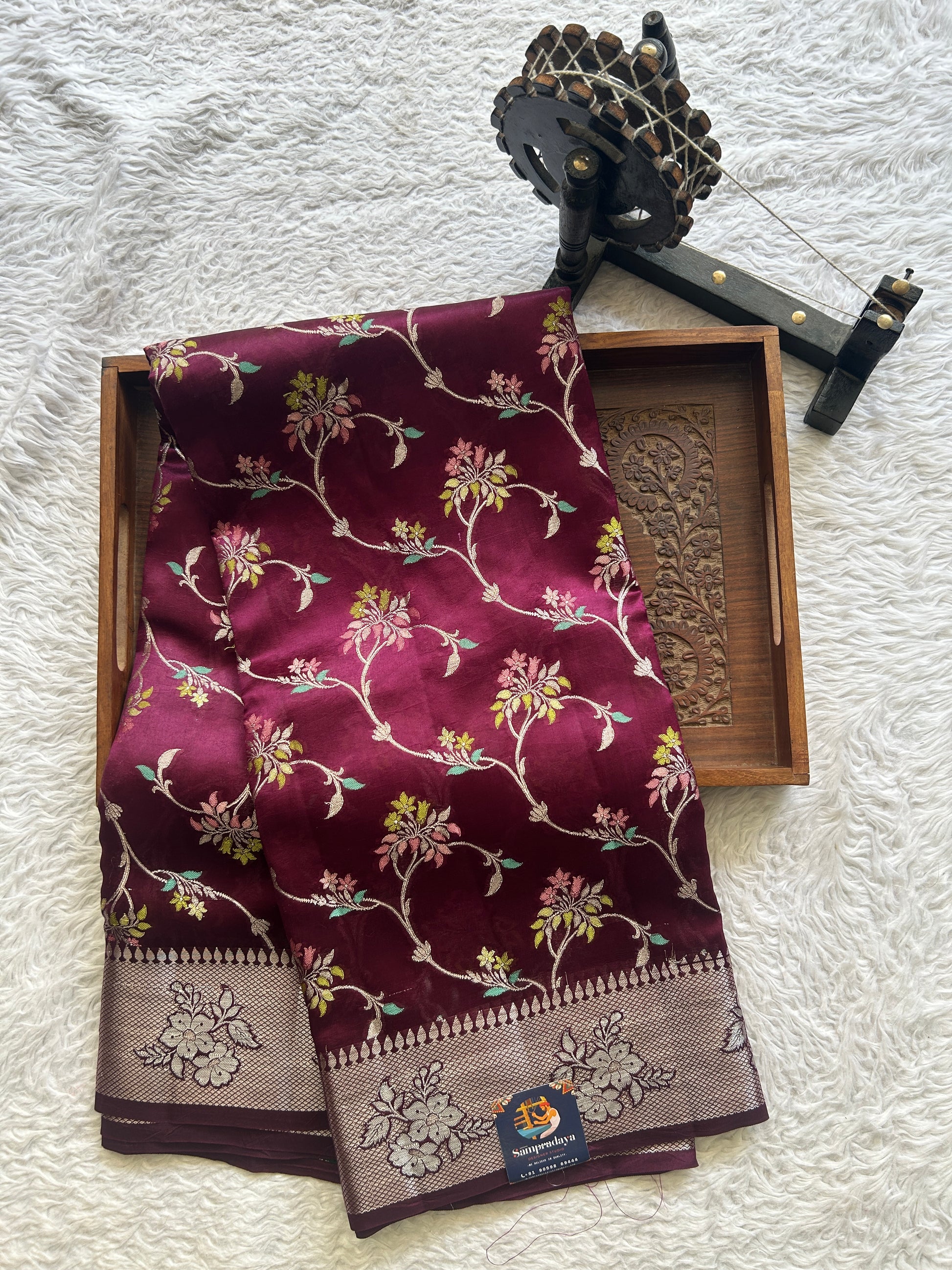 Chiniya Silk Saree Burgundy Colored Pared With Silver Zari Border - Sampradaya Designer Studio