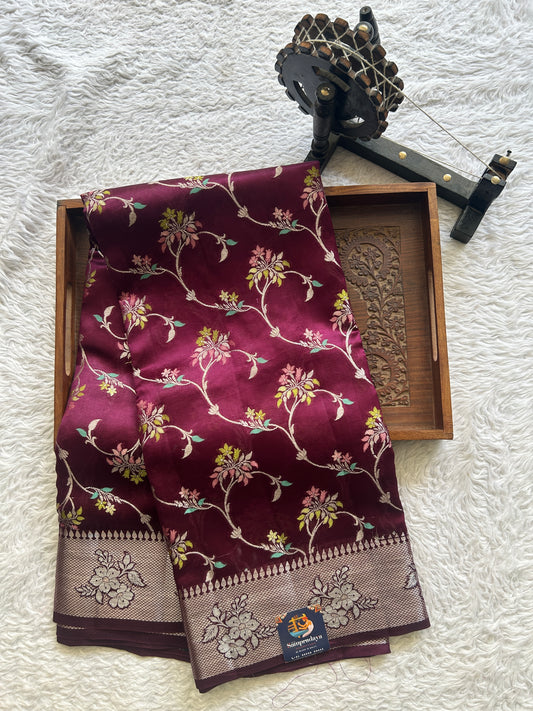 Chiniya Silk Saree Burgundy Colored Pared With Silver Zari Border - Sampradaya Designer Studio