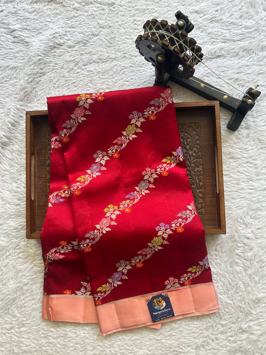 Chiniya Silk Saree Red Colored Paired With a Peach Colored Plain Border - Sampradaya Designer Studio