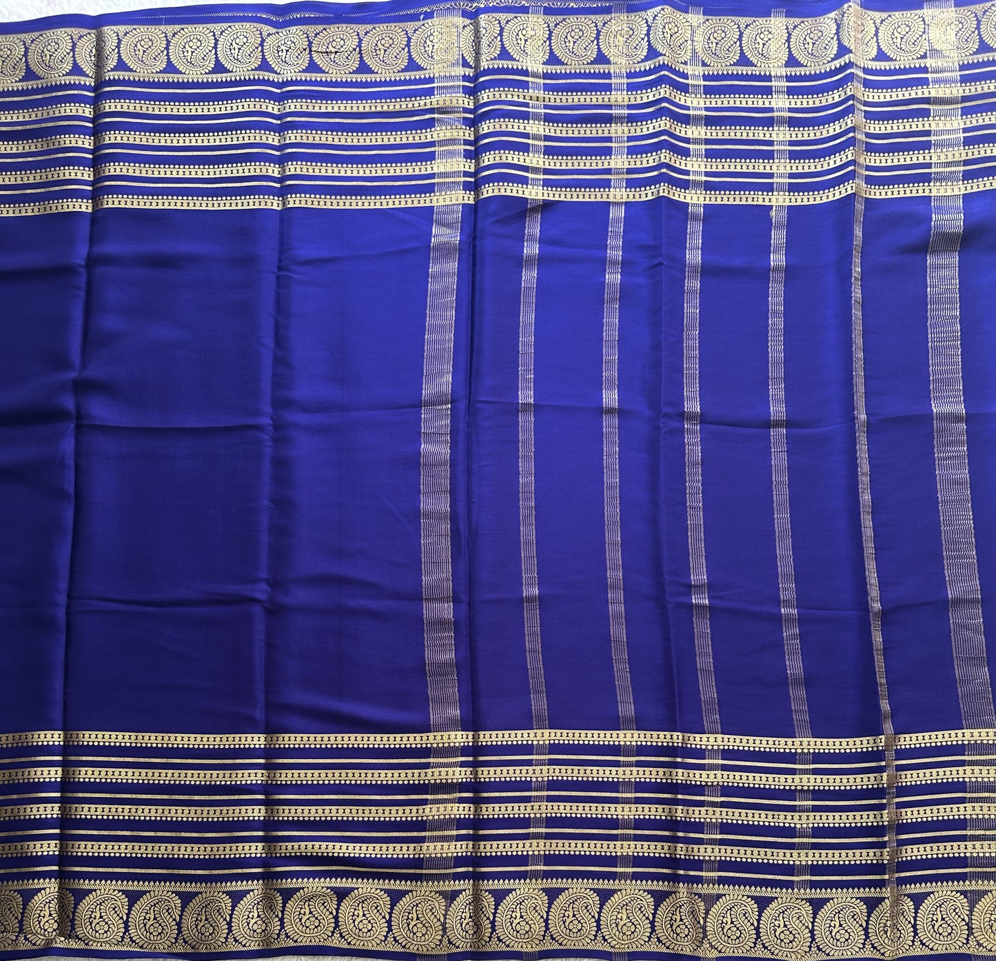 Navy Blue Mysore Crepe Silk Saree with Silver Zari Border | Pure Handloom | Silk Mark Certified - Sampradaya Designer Studio