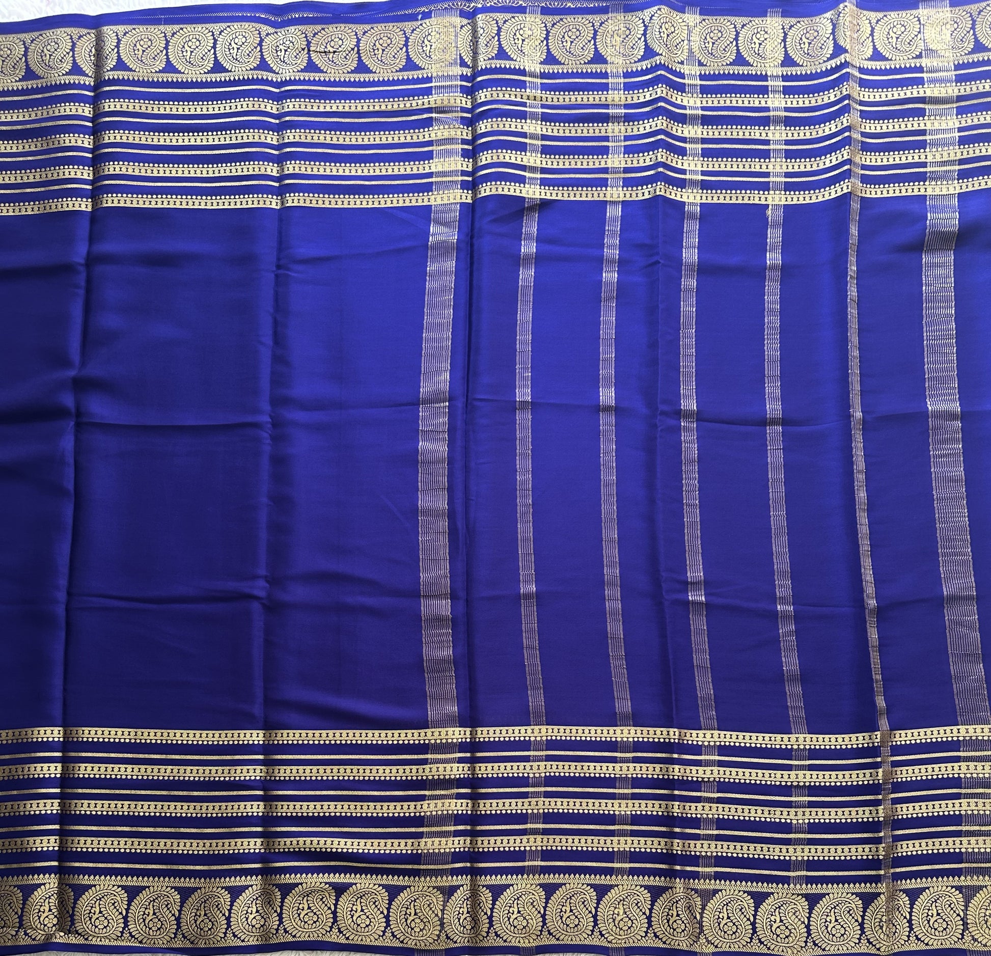Navy Blue Mysore Crepe Silk Saree with Silver Zari Border | Pure Handloom | Silk Mark Certified - Sampradaya Designer Studio