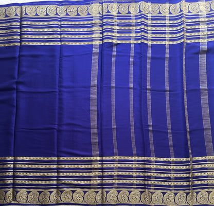 Navy Blue Mysore Crepe Silk Saree with Silver Zari Border | Pure Handloom | Silk Mark Certified - Sampradaya Designer Studio