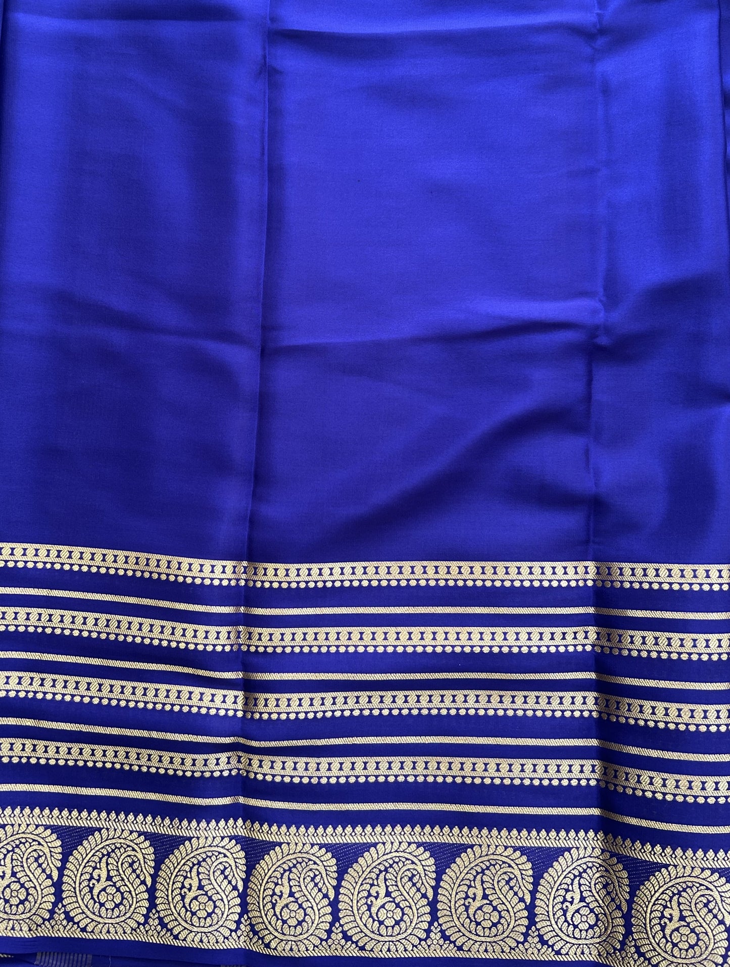 Navy Blue Mysore Crepe Silk Saree with Silver Zari Border | Pure Handloom | Silk Mark Certified - Sampradaya Designer Studio