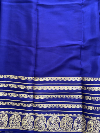 Navy Blue Mysore Crepe Silk Saree with Silver Zari Border | Pure Handloom | Silk Mark Certified - Sampradaya Designer Studio