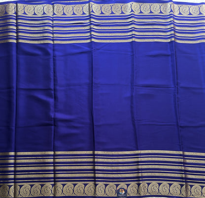 Navy Blue Mysore Crepe Silk Saree with Silver Zari Border | Pure Handloom | Silk Mark Certified - Sampradaya Designer Studio