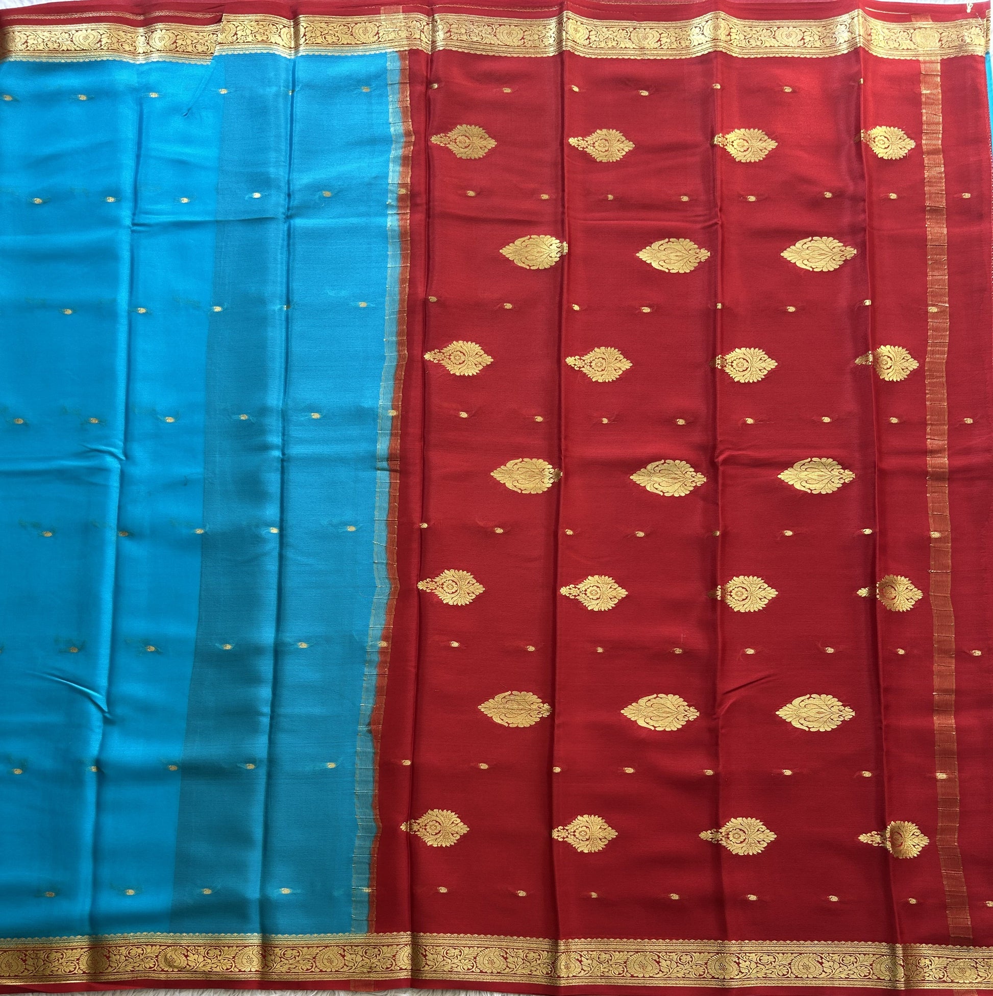 Blue Mysore Crepe Silk Saree with Silver Zari Border | Pure Handloom | Silk Mark Certified - Sampradaya Designer Studio