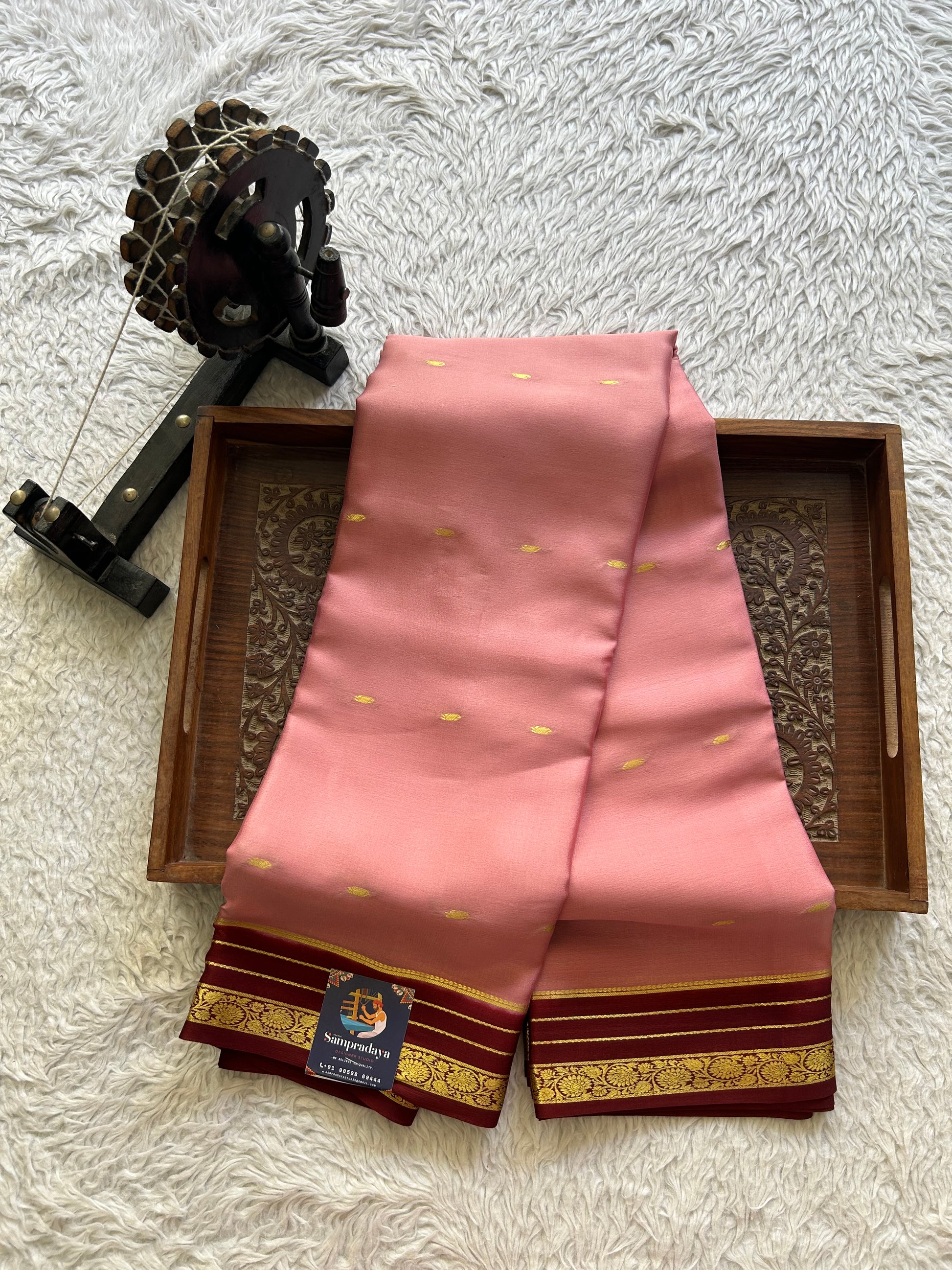 Onion Pink Mysore Crepe Silk Saree with Silver Zari Border | Pure Handloom | Silk Mark Certified - Sampradaya Designer Studio
