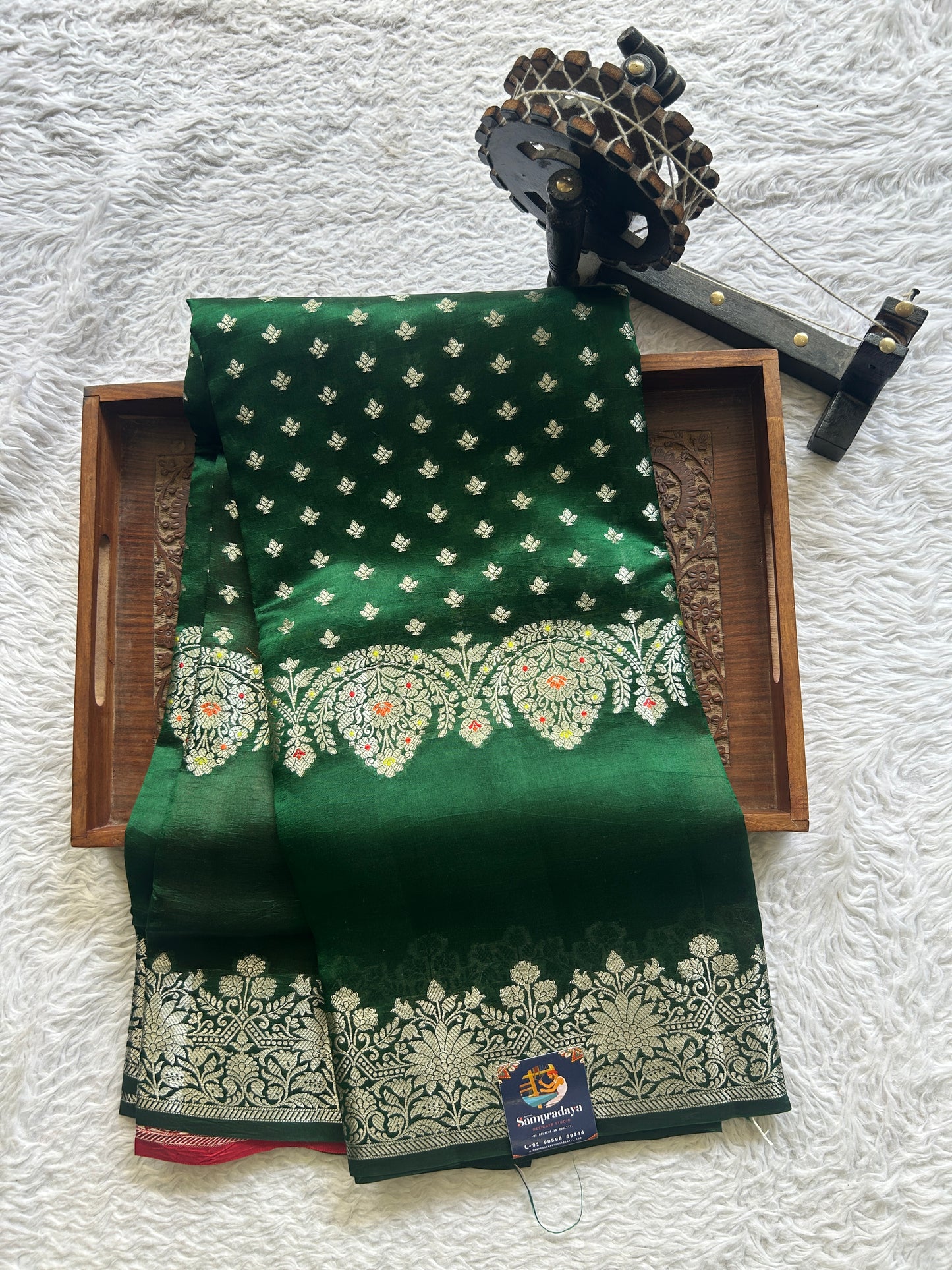 Chiniya Silk Saree Dark Green  Colored Paired With a Gap Border - Sampradaya Designer Studio