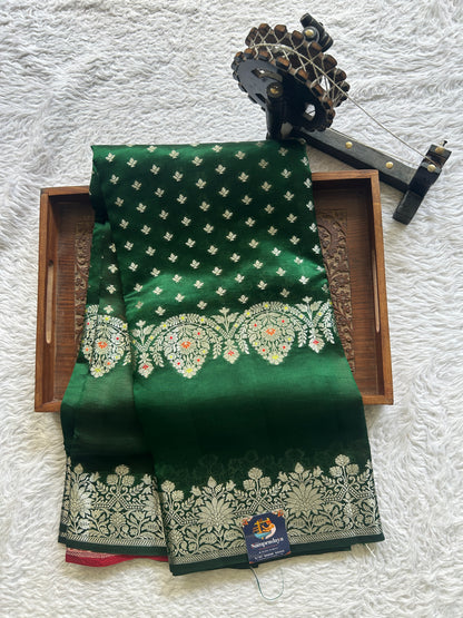 Chiniya Silk Saree Dark Green  Colored Paired With a Gap Border - Sampradaya Designer Studio