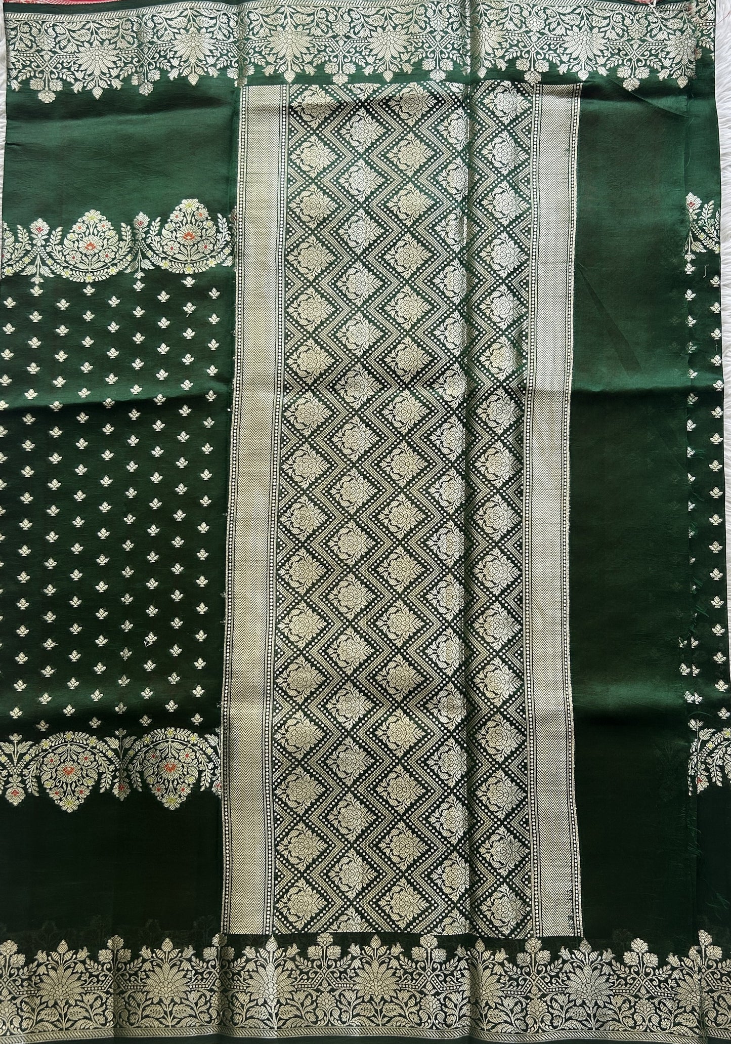 Chiniya Silk Saree Dark Green  Colored Paired With a Gap Border - Sampradaya Designer Studio