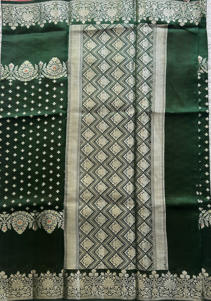 Chiniya Silk Saree Dark Green  Colored Paired With a Gap Border - Sampradaya Designer Studio