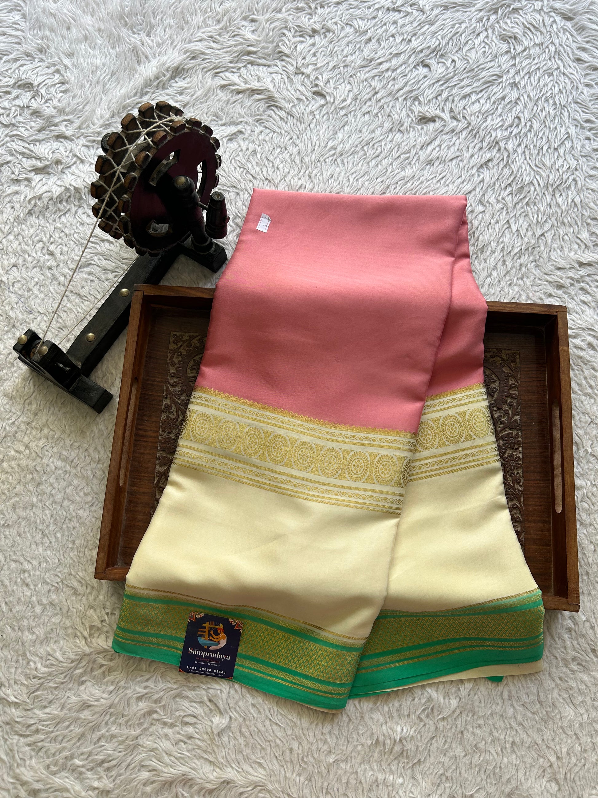 Onion Pink Mysore Crepe Silk Saree with Silver Zari Border | Pure Handloom | Silk Mark Certified - Sampradaya Designer Studio