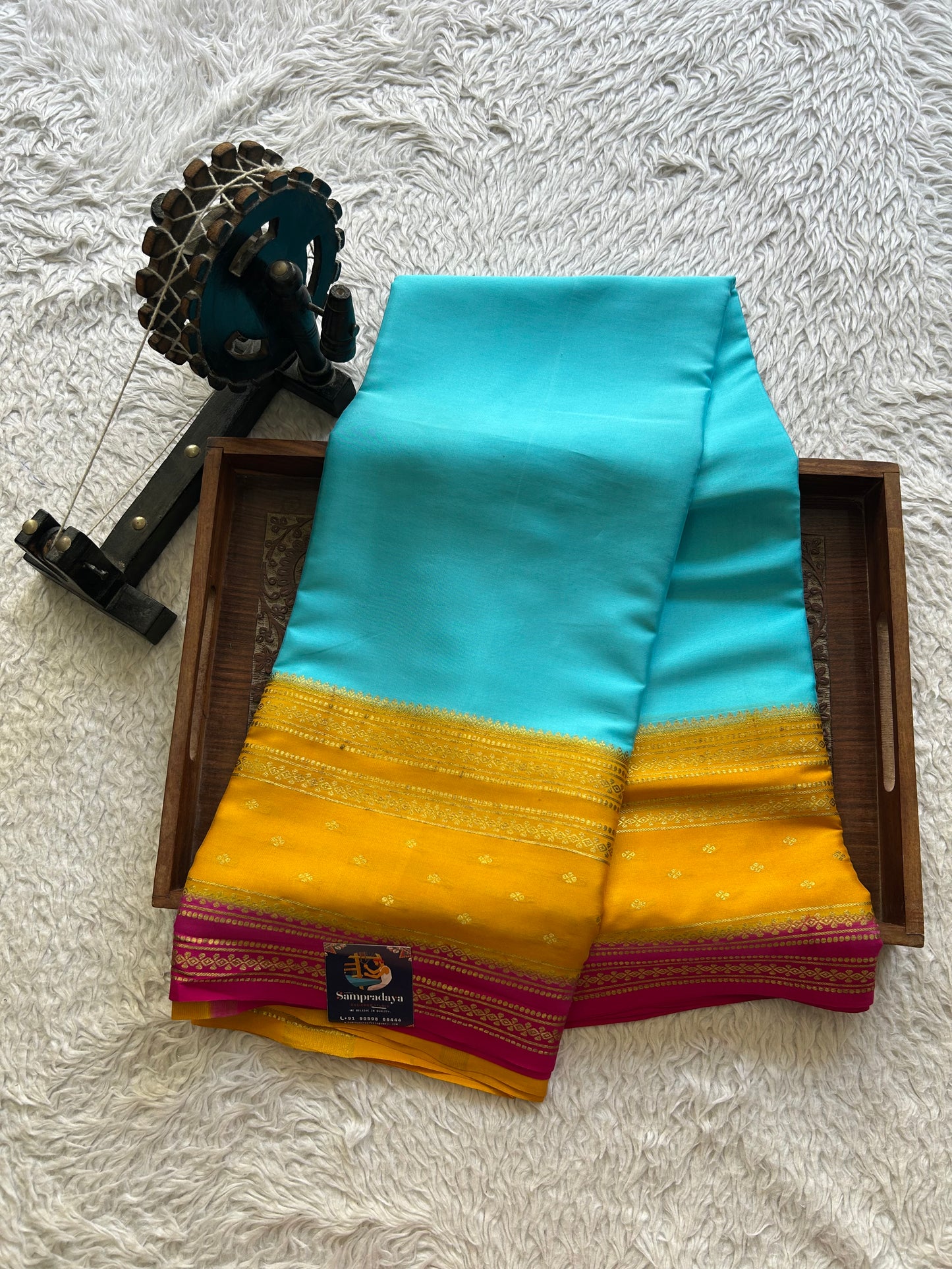 Sky Blue Mysore Crepe Silk Saree with Silver Zari Border | Pure Handloom | Silk Mark Certified - Sampradaya Designer Studio