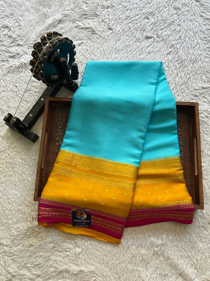 Sky Blue Mysore Crepe Silk Saree with Silver Zari Border | Pure Handloom | Silk Mark Certified - Sampradaya Designer Studio