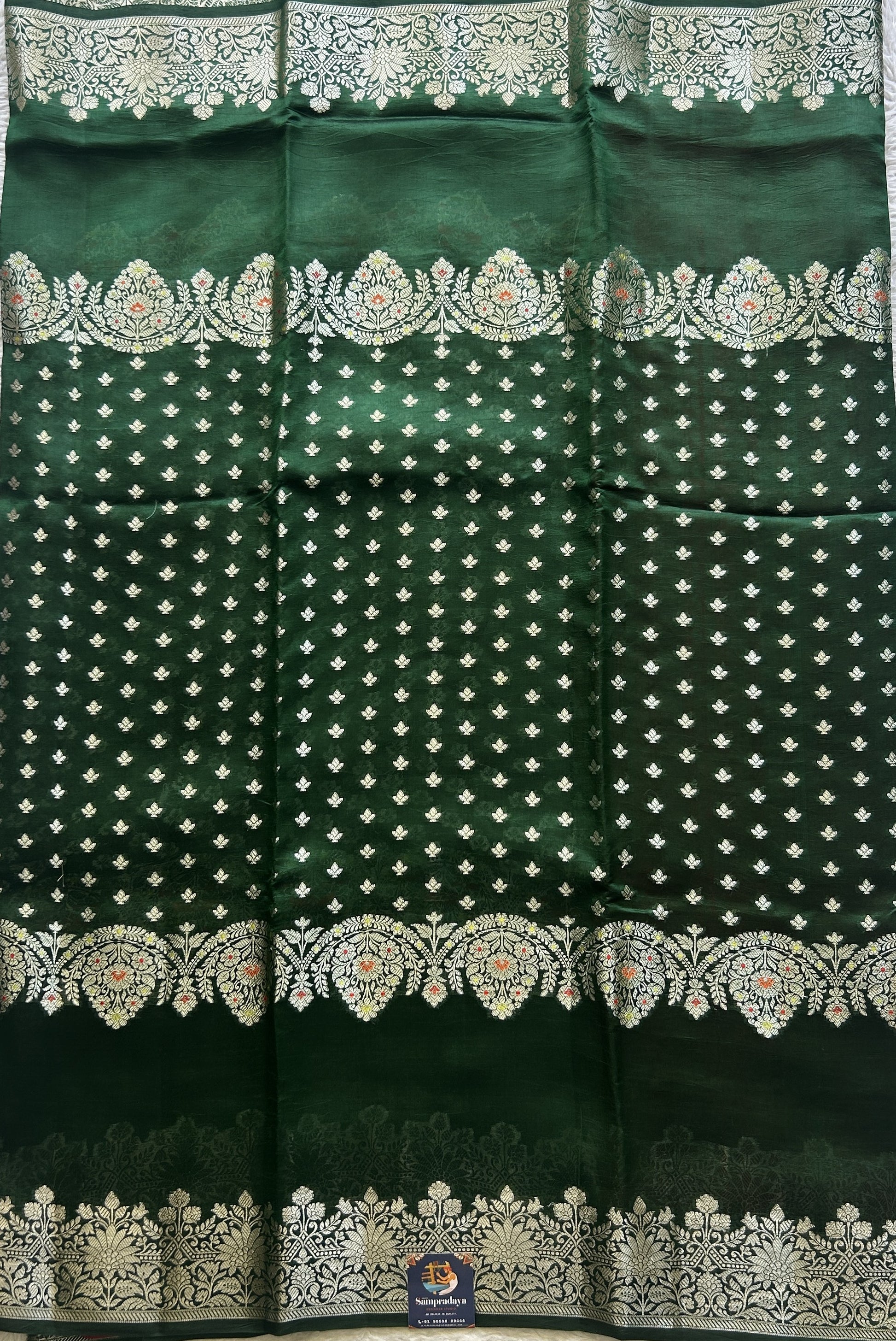 Chiniya Silk Saree Dark Green  Colored Paired With a Gap Border - Sampradaya Designer Studio