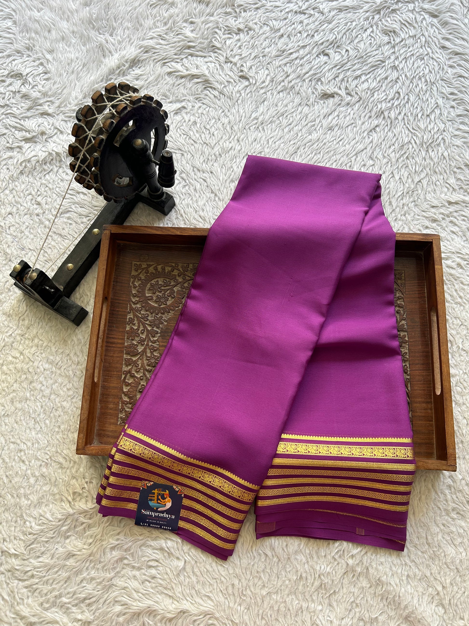 Purple Mysore Crepe Silk Saree with Silver Zari Border | Pure Handloom | Silk Mark Certified - Sampradaya Designer Studio