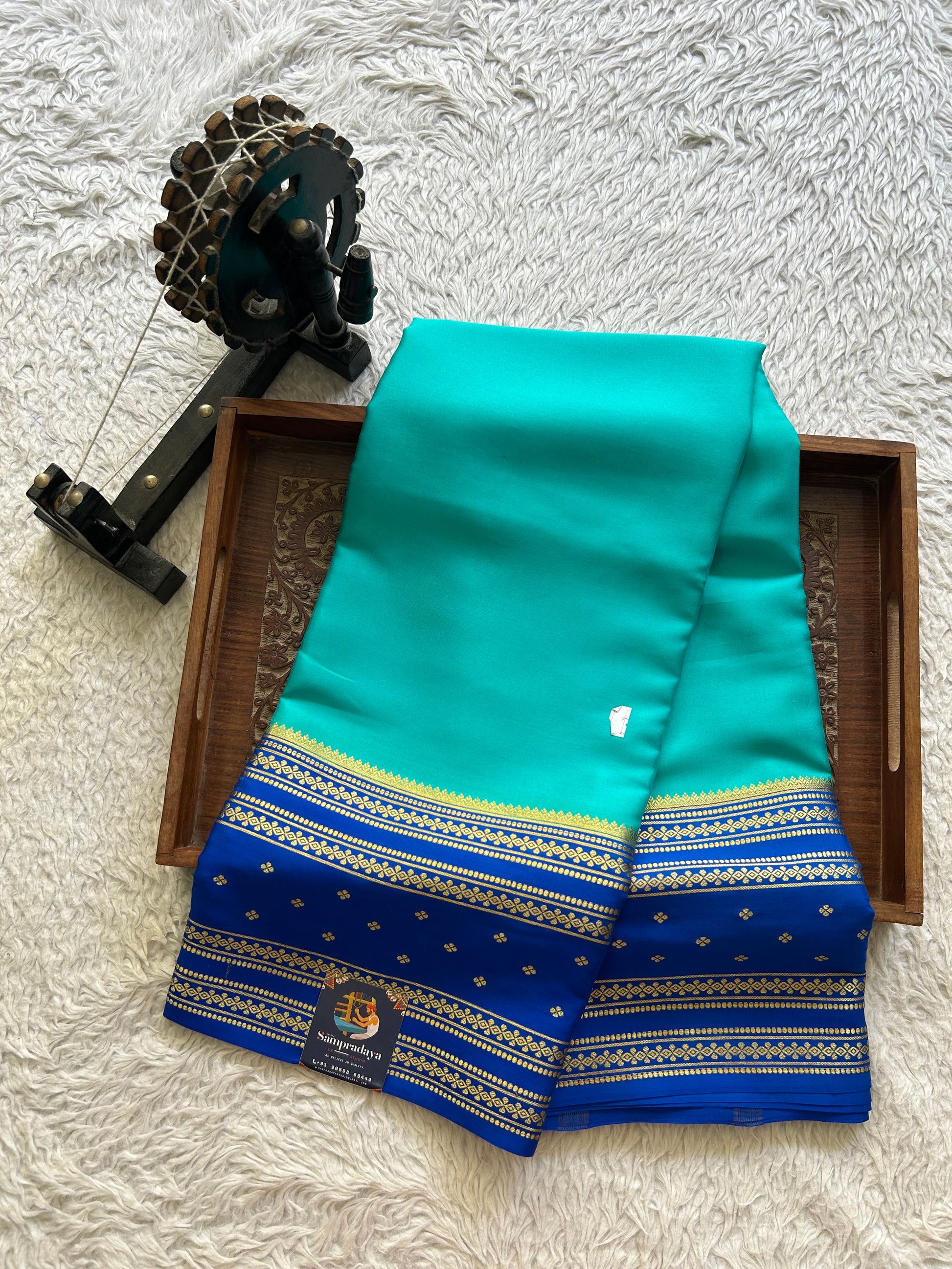 Blue Mysore Crepe Silk Saree with Silver Zari Border | Pure Handloom | Silk Mark Certified - Sampradaya Designer Studio