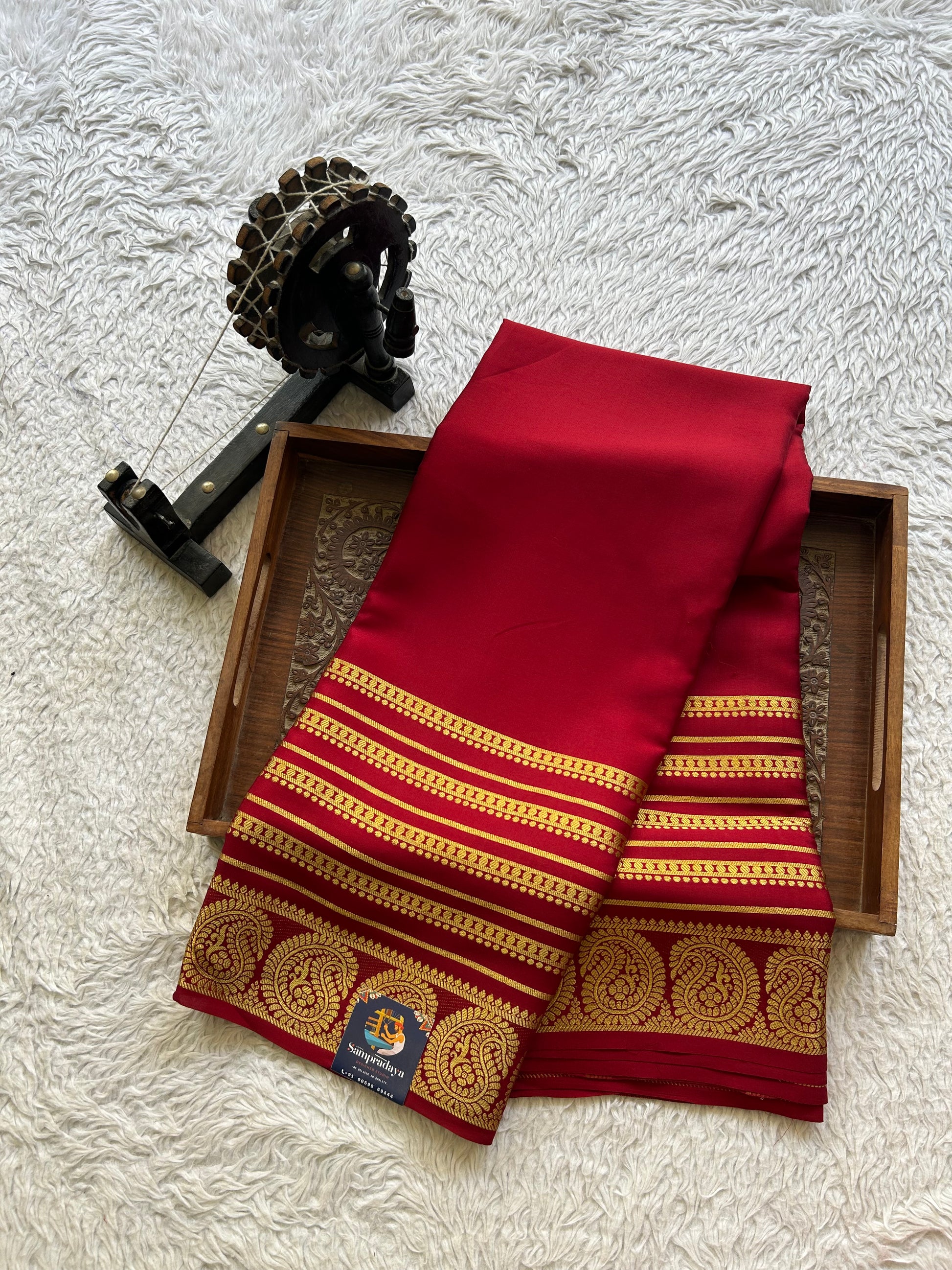 Maroon Mysore Crepe Silk Saree with Silver Zari Border | Pure Handloom | Silk Mark Certified - Sampradaya Designer Studio