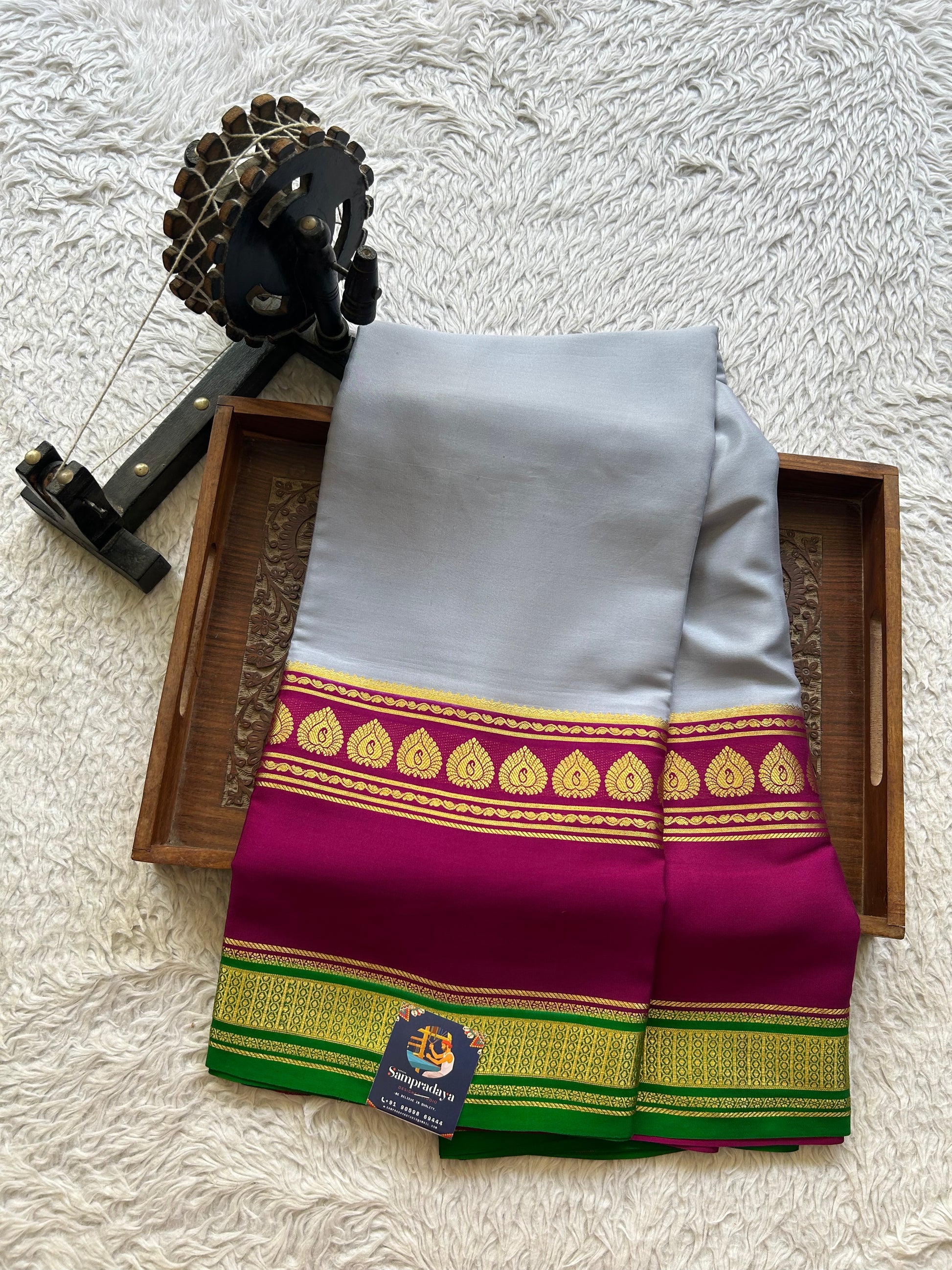 Gray Mysore Crepe Silk Saree with Silver Zari Border | Pure Handloom | Silk Mark Certified - Sampradaya Designer Studio