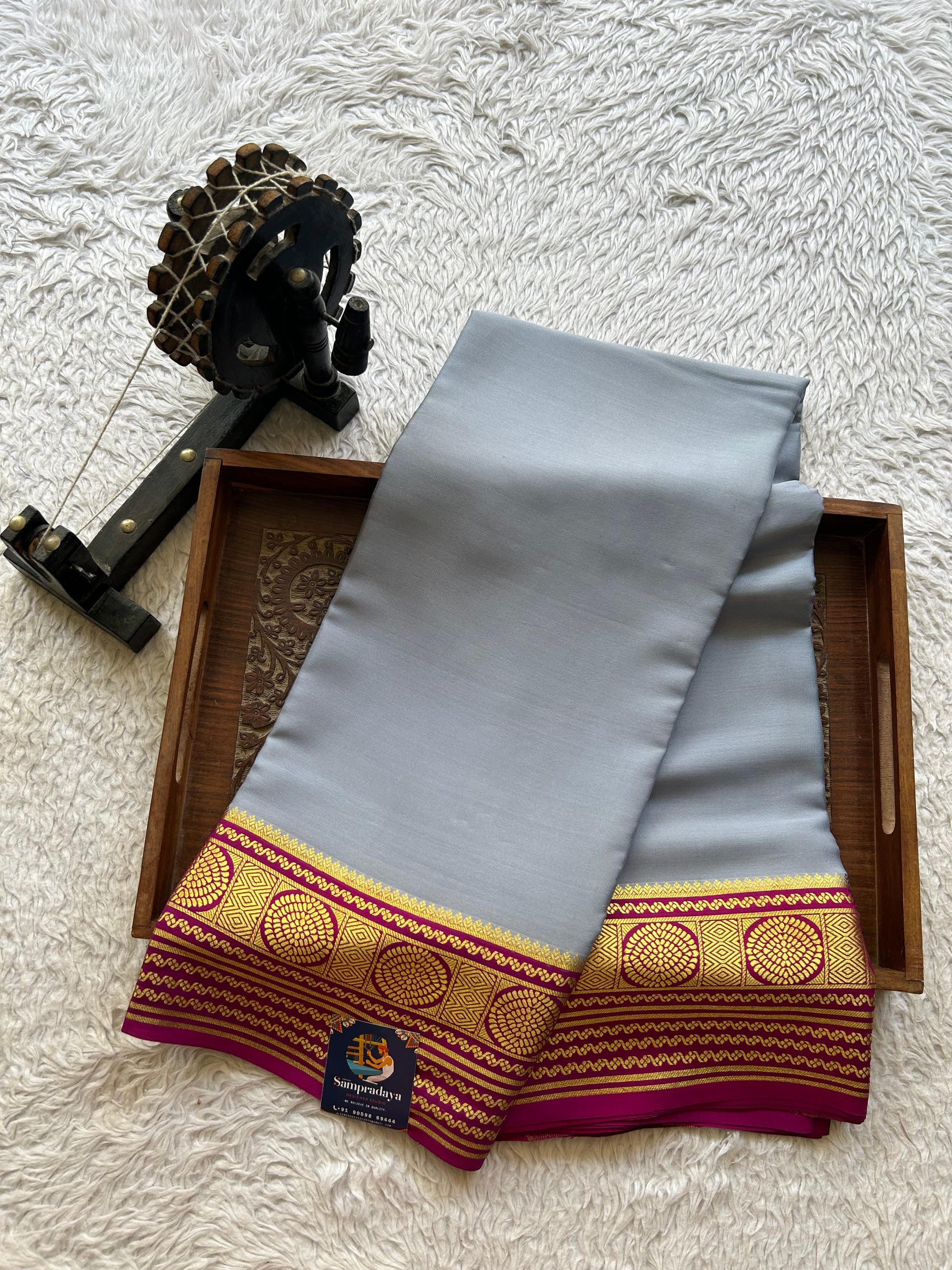 Gray Mysore Crepe Silk Saree with Silver Zari Border | Pure Handloom | Silk Mark Certified - Sampradaya Designer Studio