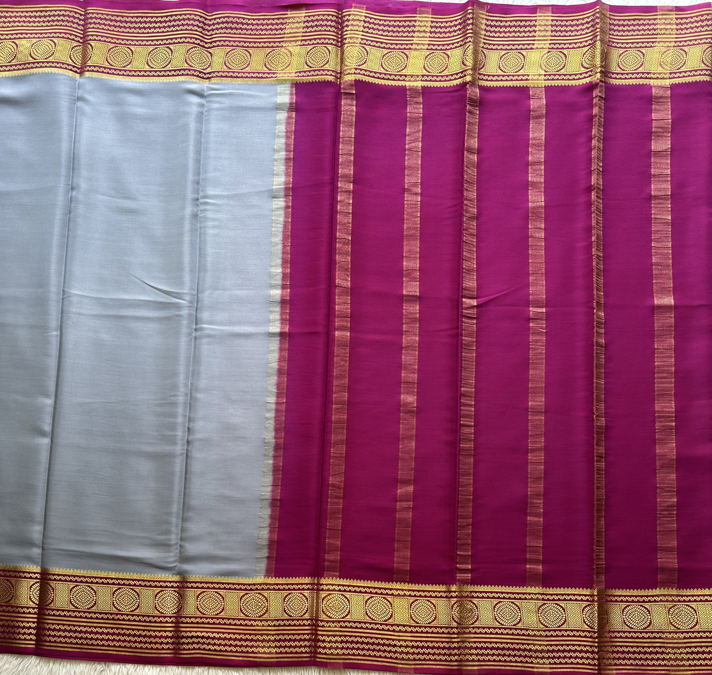 Gray Mysore Crepe Silk Saree with Silver Zari Border | Pure Handloom | Silk Mark Certified