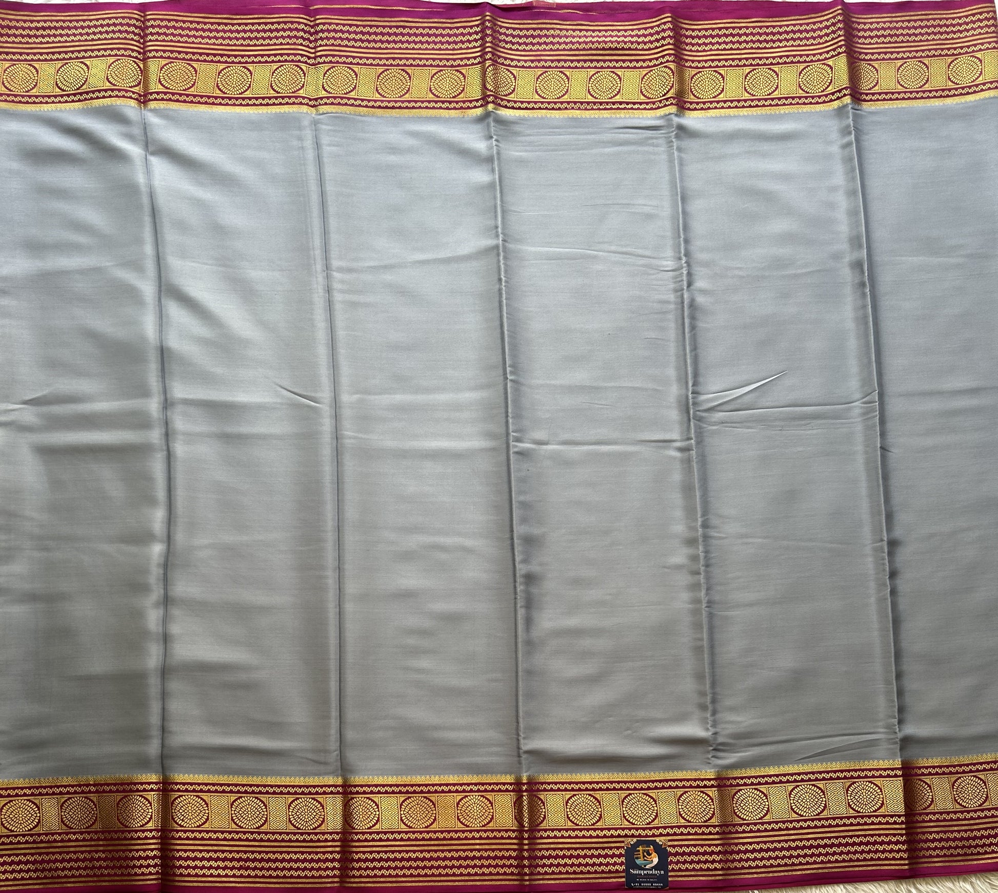 Gray Mysore Crepe Silk Saree with Silver Zari Border | Pure Handloom | Silk Mark Certified - Sampradaya Designer Studio