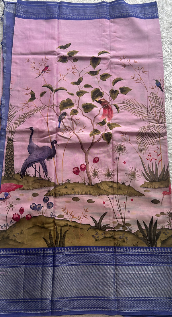 Mangalagiri Pattu Digital Print Saree Pink colored complemented with a Zari Border - Sampradaya Designer Studio