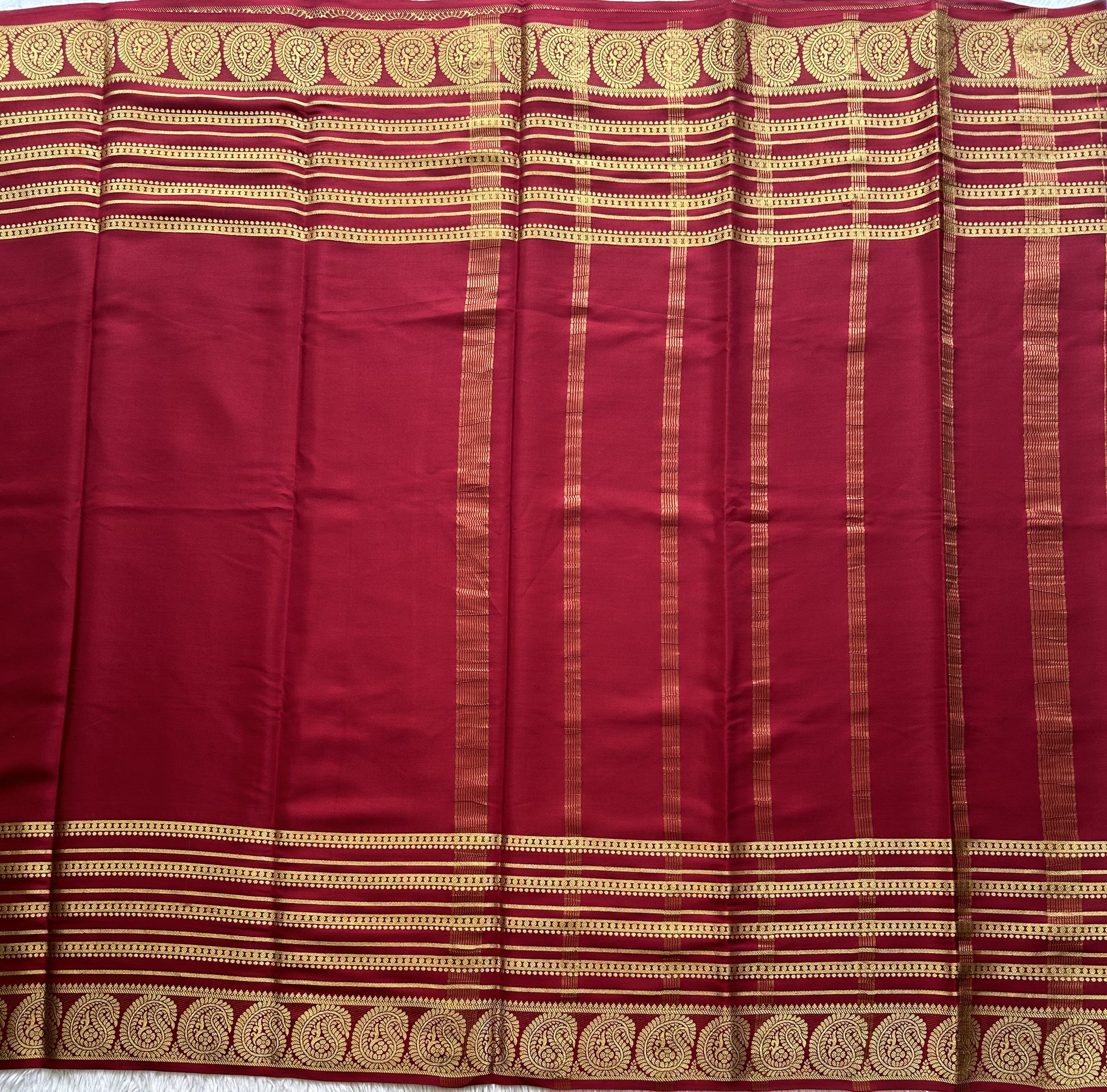 Maroon Mysore Crepe Silk Saree with Silver Zari Border | Pure Handloom | Silk Mark Certified - Sampradaya Designer Studio