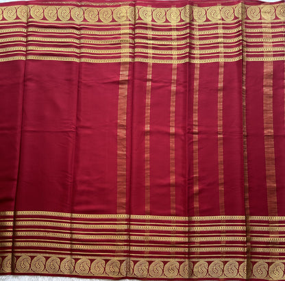 Maroon Mysore Crepe Silk Saree with Silver Zari Border | Pure Handloom | Silk Mark Certified