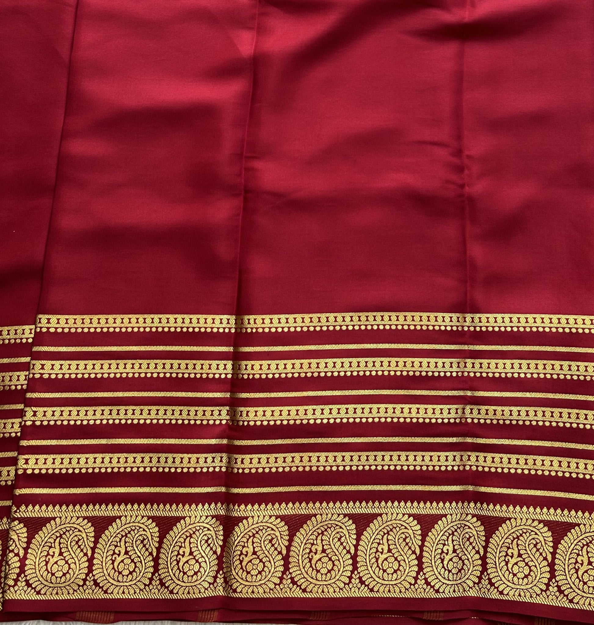 Maroon Mysore Crepe Silk Saree with Silver Zari Border | Pure Handloom | Silk Mark Certified - Sampradaya Designer Studio