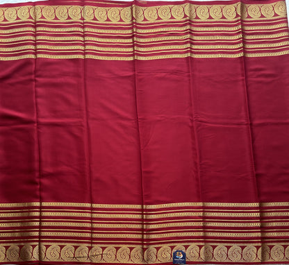Maroon Mysore Crepe Silk Saree with Silver Zari Border | Pure Handloom | Silk Mark Certified