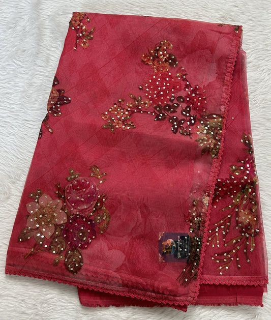 Tissue Organza Designer Saree Rose Pink colored Saree complemented with a borderless Saree. - Sampradaya Designer Studio